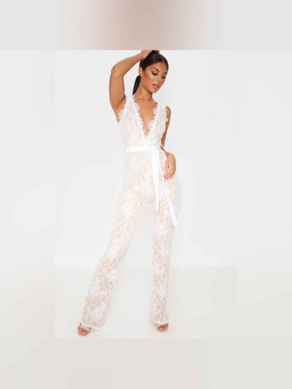 PrettyLittleThing White Lace Plunge Jumpsuit